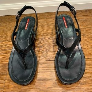 Prada black leather wedge 1” sandles size 8. Used No box and bags